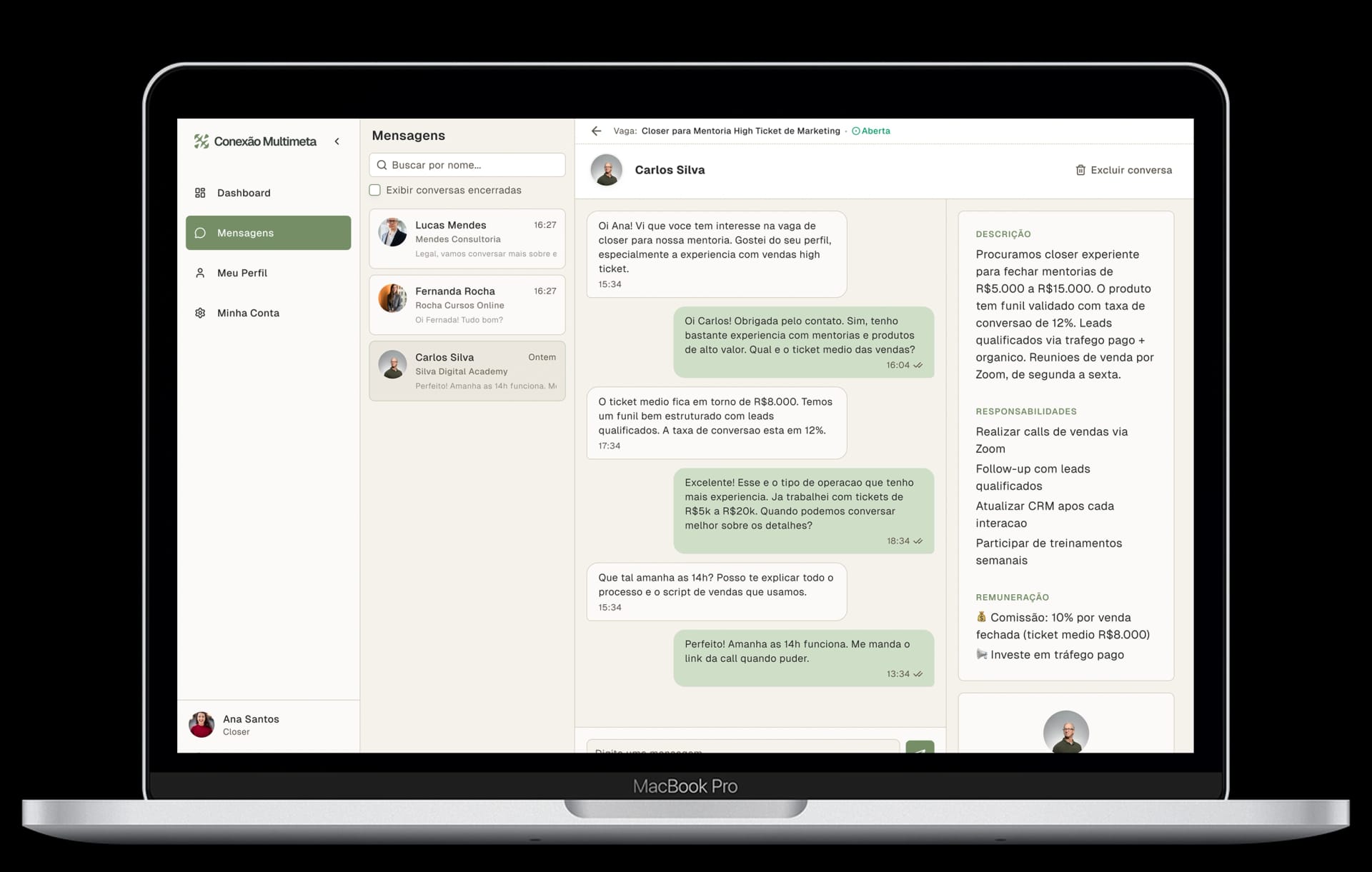 Plataforma Conexão MultiMeta — mensagens entre expert e closer