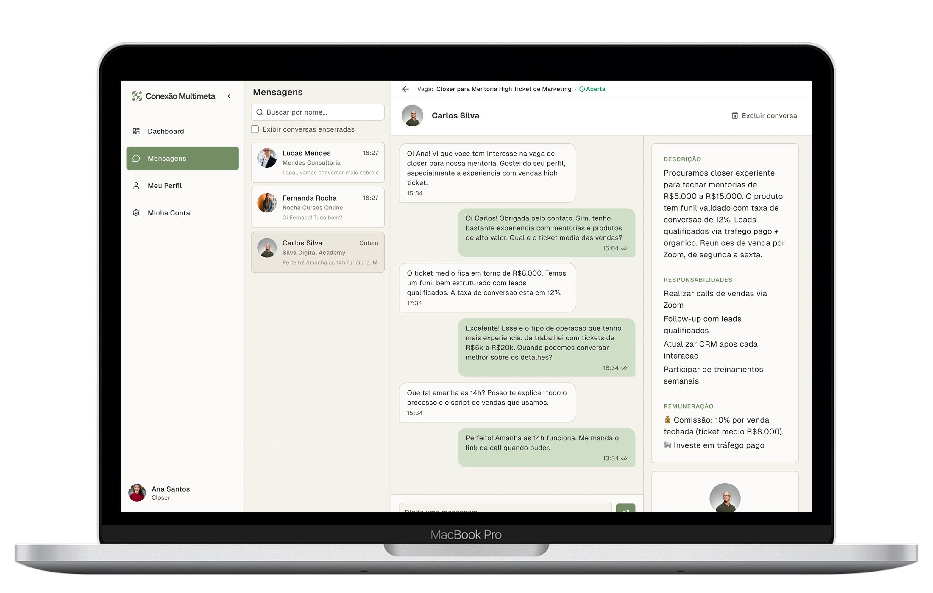 Plataforma Conexão MultiMeta — mensagens entre expert e closer